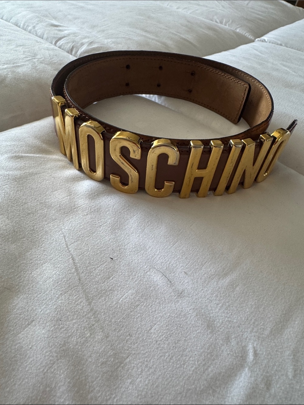 Moschino Brown Leather Logo Belt with Gold Tone Letters